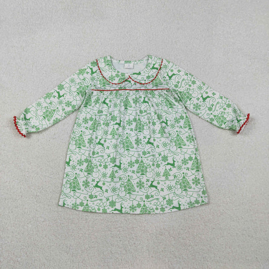 Baby Girls Kids Long Sleeves Green Deer Christmas Knee Length Dress RTS