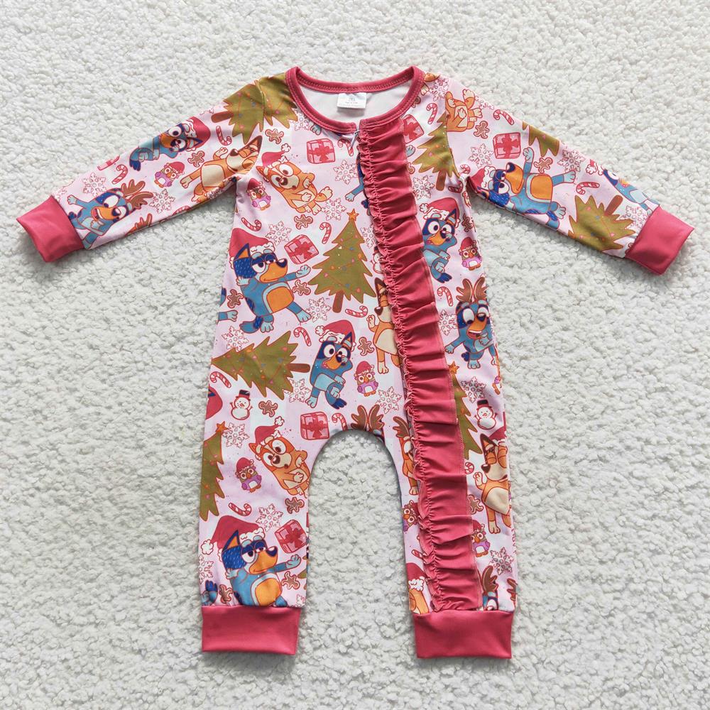 LR0512 Baby Girl Long Sleeves Dogs Christmas One Piece Zipper Romper