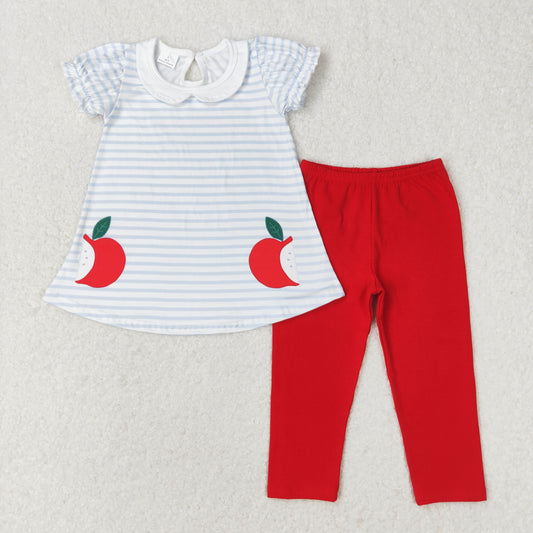 Baby Girl Short Sleeves Apples Stripes Tops Red Cotton Pants Back To School Set