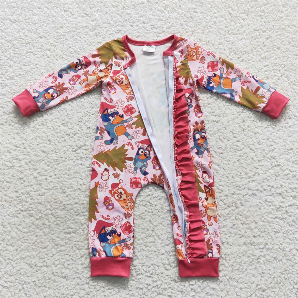 LR0512 Baby Girl Long Sleeves Dogs Christmas One Piece Zipper Romper