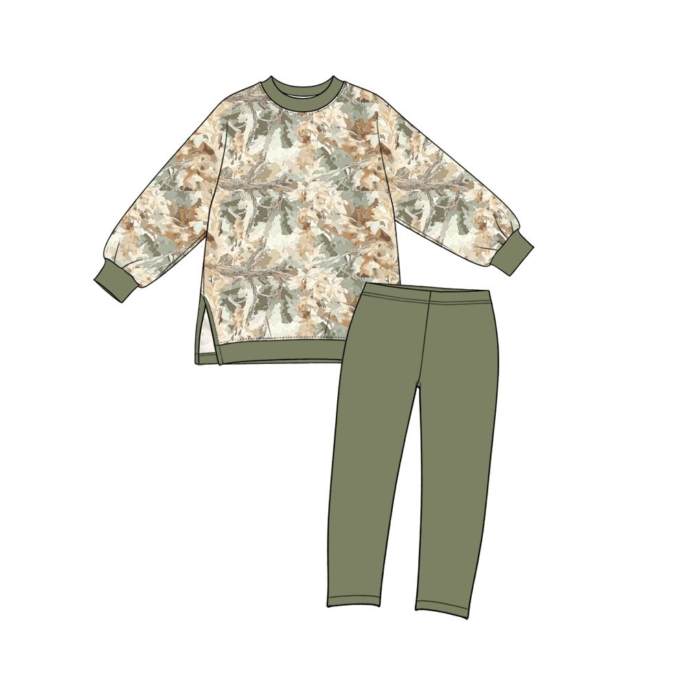 ( Moq 5 ) Preorder Baby Girls Kids Long Sleeves Leaves Tops Green Leggings Yoga Active Set Camo Clothes