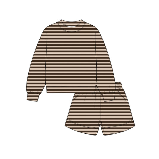 ( Moq 5 ) Preorder Baby Girls Kids Long Sleeves Brown Stripes Pullover Pockets Shorts Set Clothes