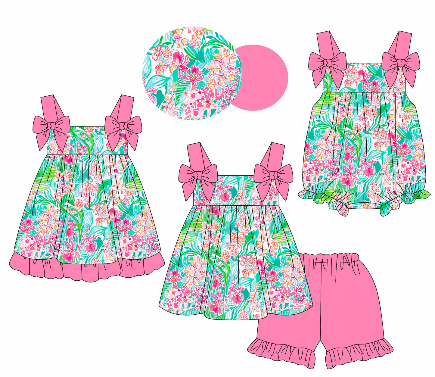 Baby Girl Straps Flower Pink Bows Sibling Romper Dress Set ( Moq 5 Each Style ) 1.24