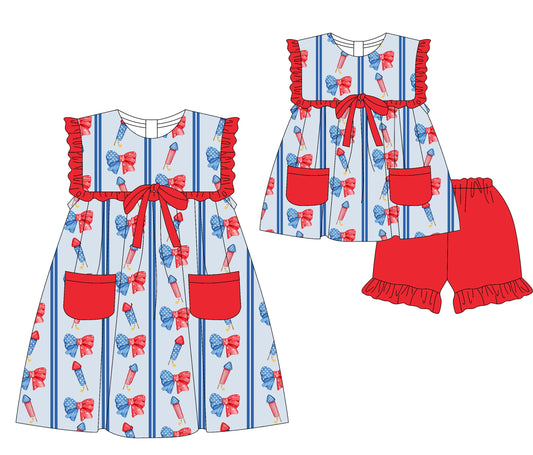Baby Girl 4th Of July Bows Pockets Sibling Dress Set ( Moq 5 Each Style ) 3.17