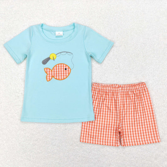 BSSO0288 Baby Boy Short Sleeves Embroidery Shirt Plaid Shorts Summer Fishing Set