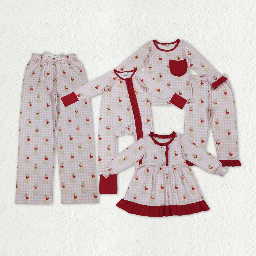 Sibling Family Kids Girls Adult Women Dogs Hearts Plaid Valentine Zipper Romper Pants Pajamas Set RTS