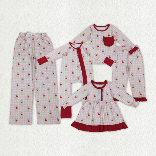 Sibling Family Kids Girls Adult Women Dogs Hearts Plaid Valentine Zipper Romper Pants Pajamas Set RTS