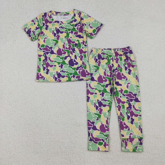 Baby Boys Short Sleeves Camo Shirt Pants Mardi Gras Pajamas Set RTS