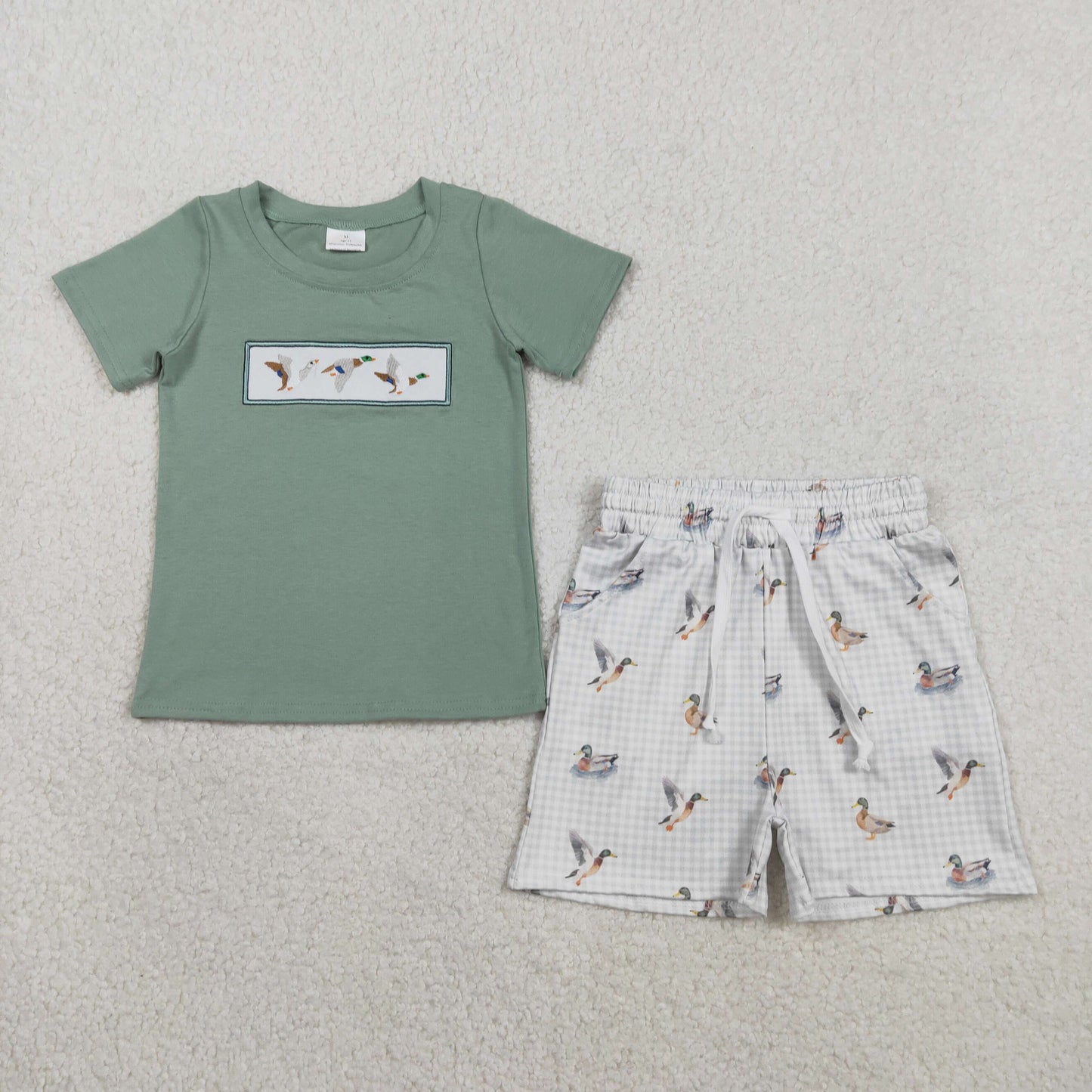 Baby Boys Kids Short Sleeves Embroidery Ducks Shirt Pockets Shorts Set RTS