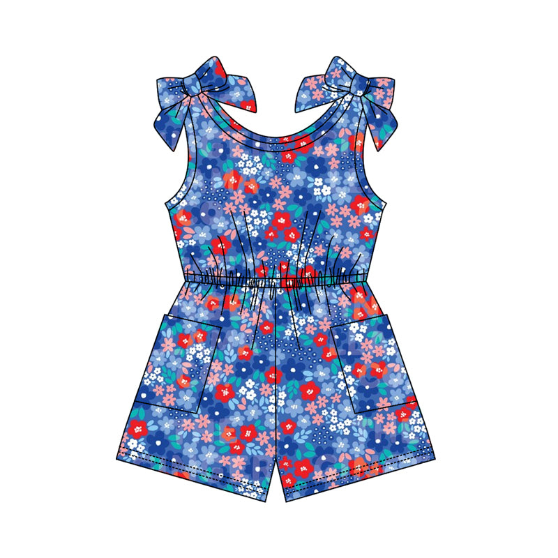 ( Moq 5 ) Preorder Baby Girls Kids Flower Pockets Shorts 4th of July Jumpsuit Blue Clothes