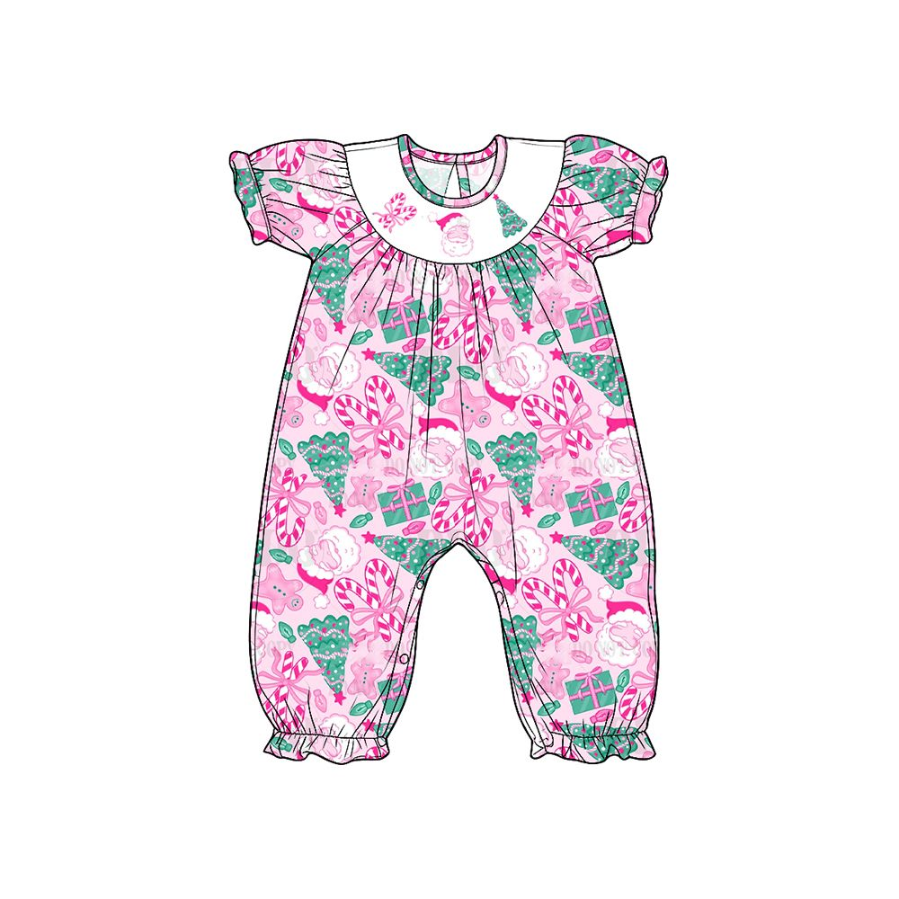 ( Moq 5 ) Preorder Baby Girls Infant Short Sleeves Christmas Bows Santa Pink Romper Clothes