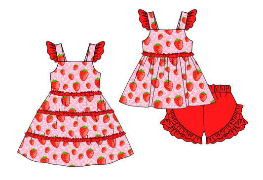 Baby Girl Strawberry Sibling Matching Dress Ruffle Clothes Set ( Moq 5 Each Design )