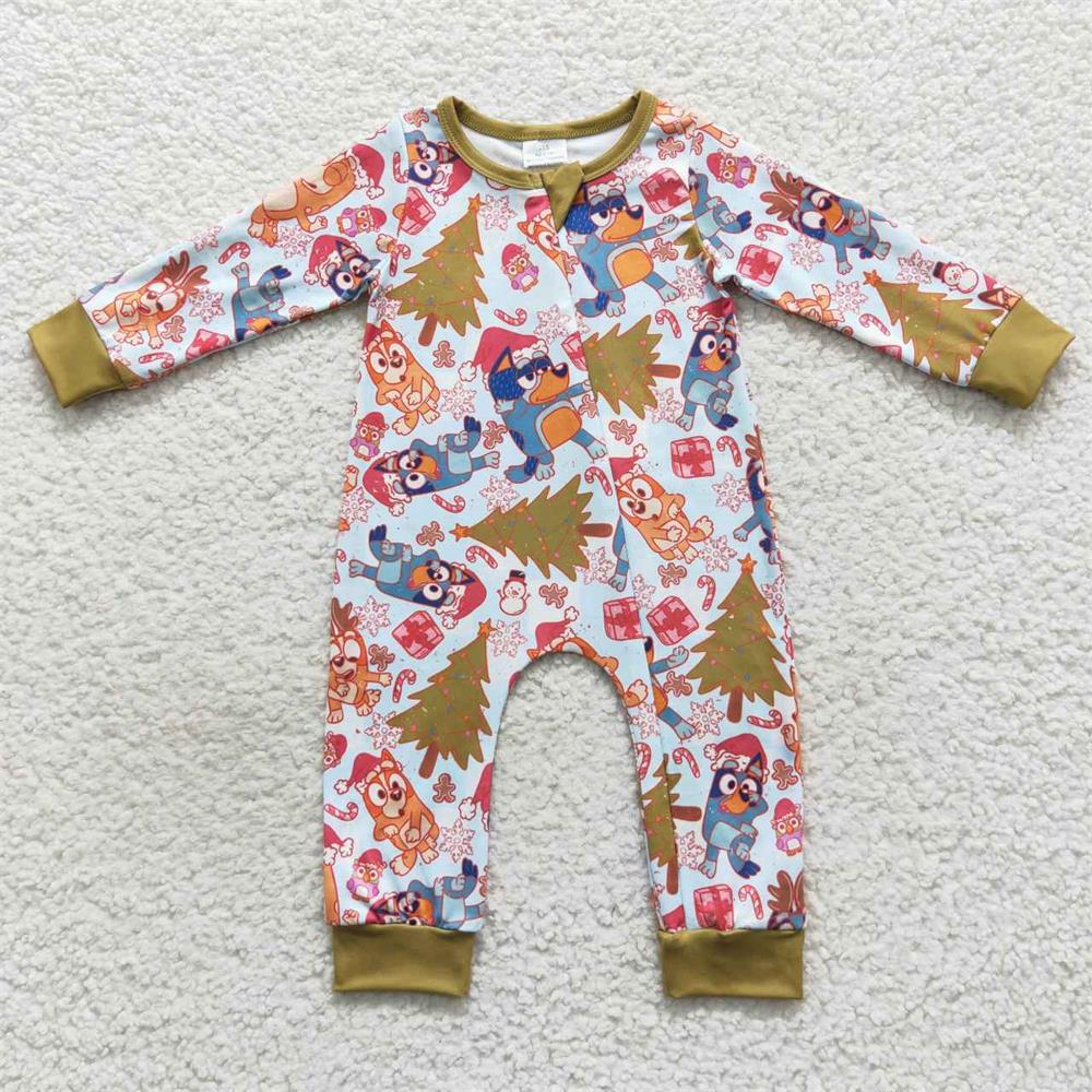 LR0512 Baby Girl Long Sleeves Dogs Christmas One Piece Zipper Romper