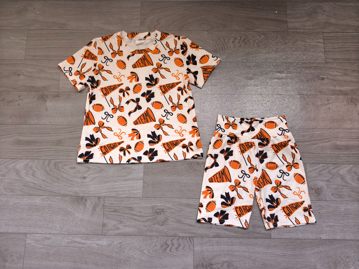 ( No moq ) Preorder Girls Kids Short Sleeves Cheer Bows Shirt Shorts Go Team Summer Clothes Set