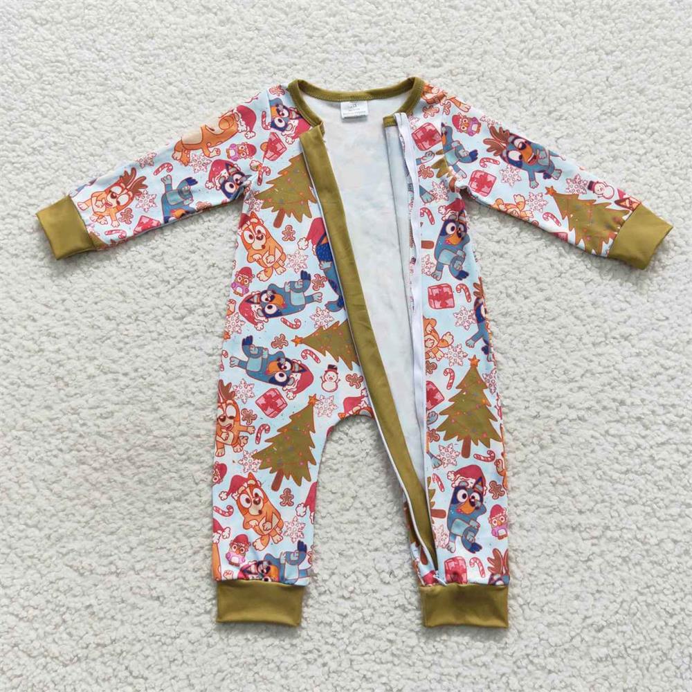 LR0513 Baby Boy Long Sleeves Dogs Christmas One Piece Zipper Romper