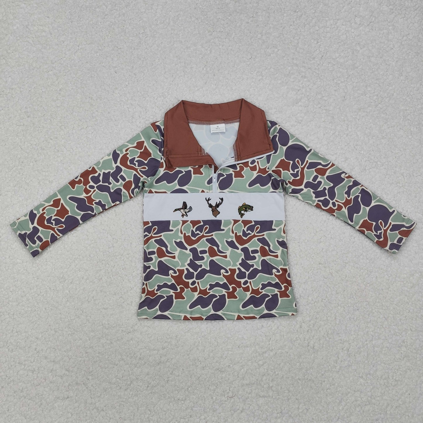 Baby Boy Long Sleeves Green Camo Embroidery Duck Deer Fish Zipper Pullover Shirt