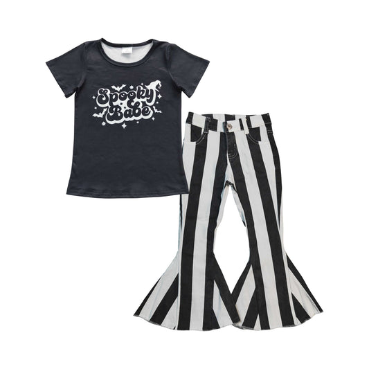 Baby Girl Black Short Sleeves Spooky Babe Shirt Striped Denim Pants Halloween Outfit