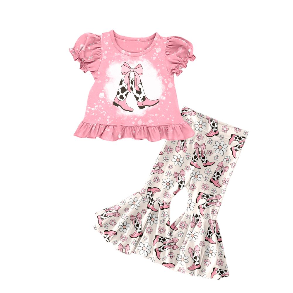 Moq 3 Pre-order GSPO1444 Baby Girl Short Sleeves Boots Shirt Floral Bell Pant Set