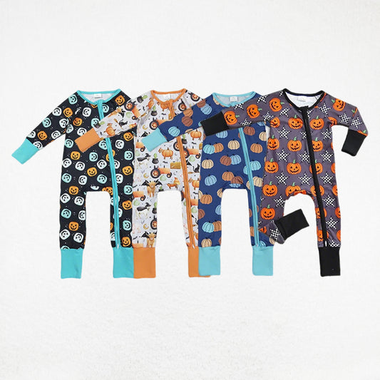 Sibling Baby Girls Colorful Ghost Pumpkins Fall Halloween Zipper Footie Rompers