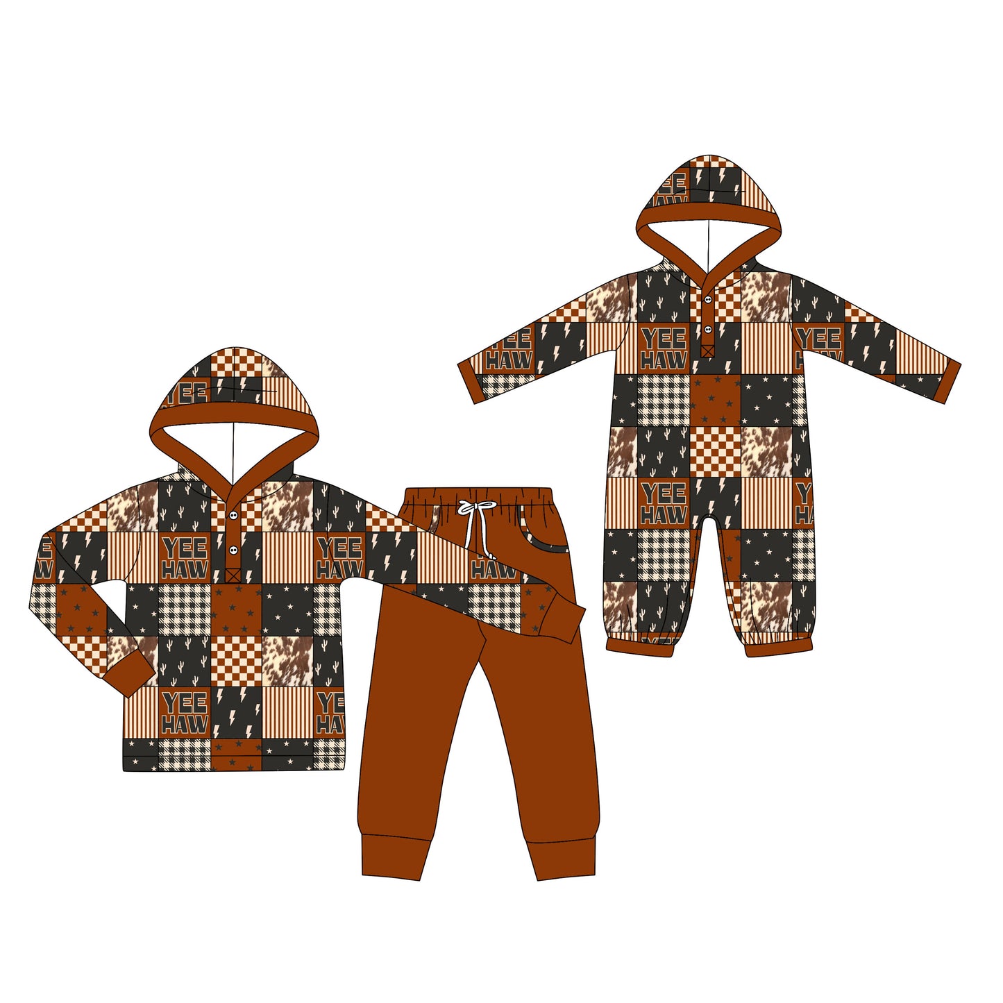( Moq 5 Each Style ) Baby Boys Kids Long Sleeves Western Plaid Sibling Hoodie Romper Set Clothes