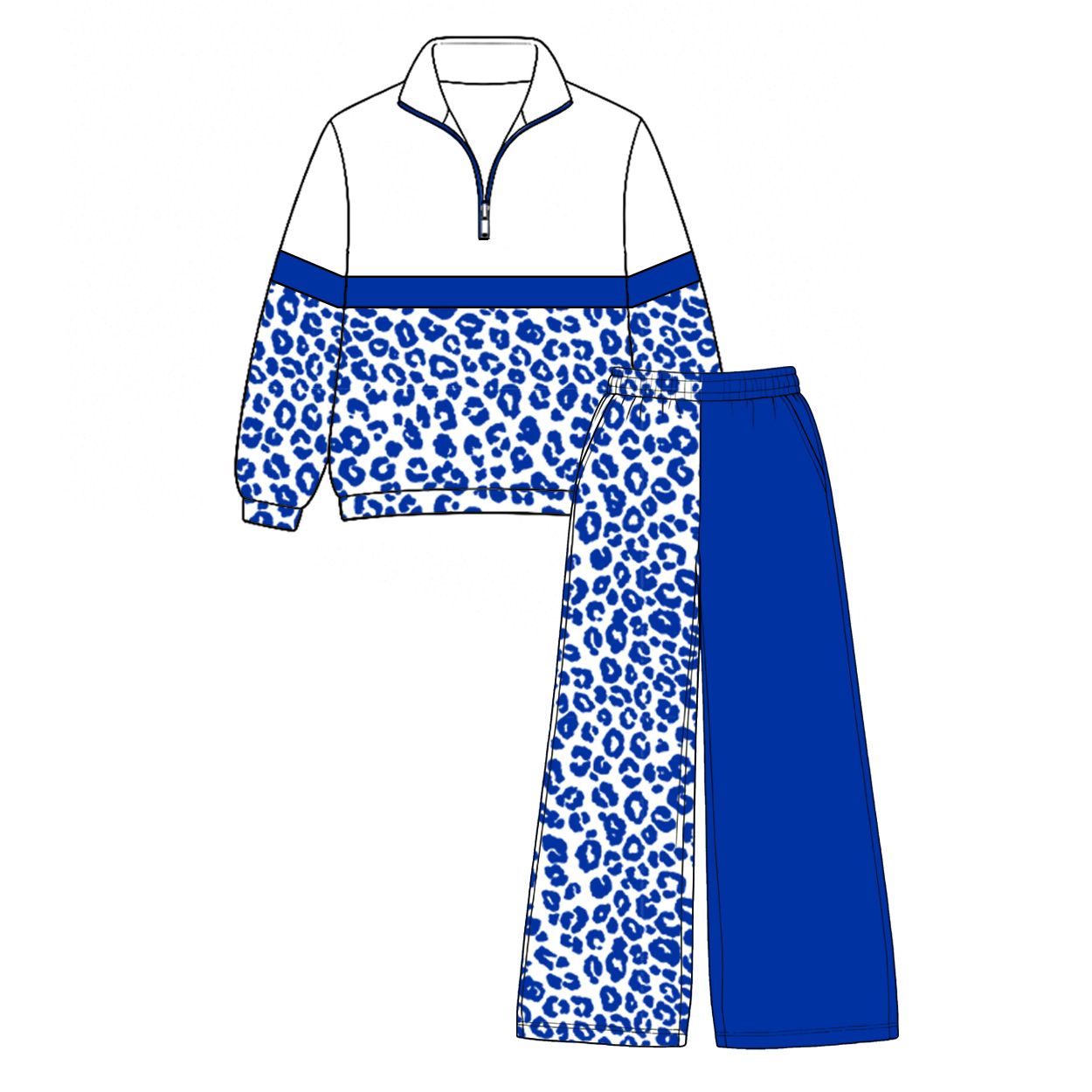 ( Moq 5 ) Preorder Baby Girls Kids Long Sleeves Zipper Pullover Leopard Blue Pants Set Clothes