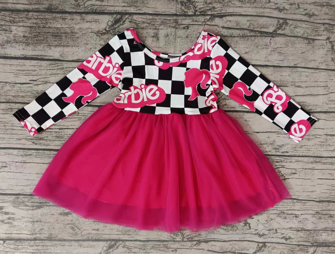 Baby Girl Long Sleeves Doll Checkered Hotpink Tulle Dress Moq 5