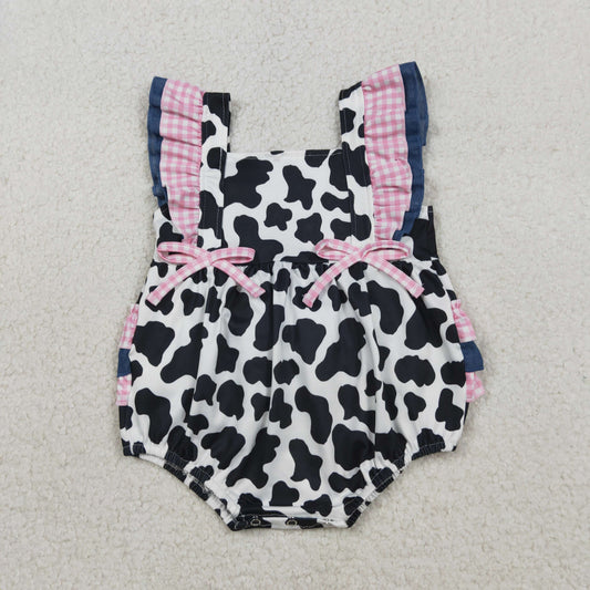 Baby Girls Kids Short Sleeves Bows Cow Print Western Bubble Romper RTS