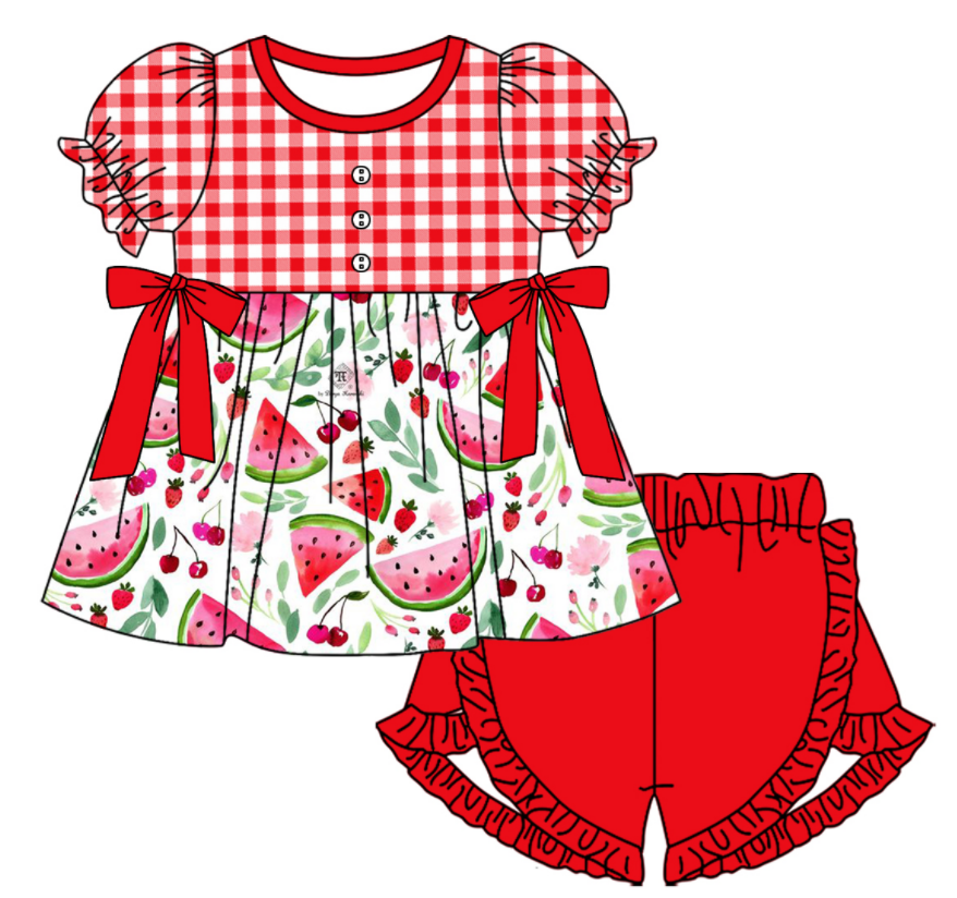 Baby Girl Short Sleeves Watermelon Red Plaid Sibling Romper Dress Clothes Set ( Moq 5 Each Design )