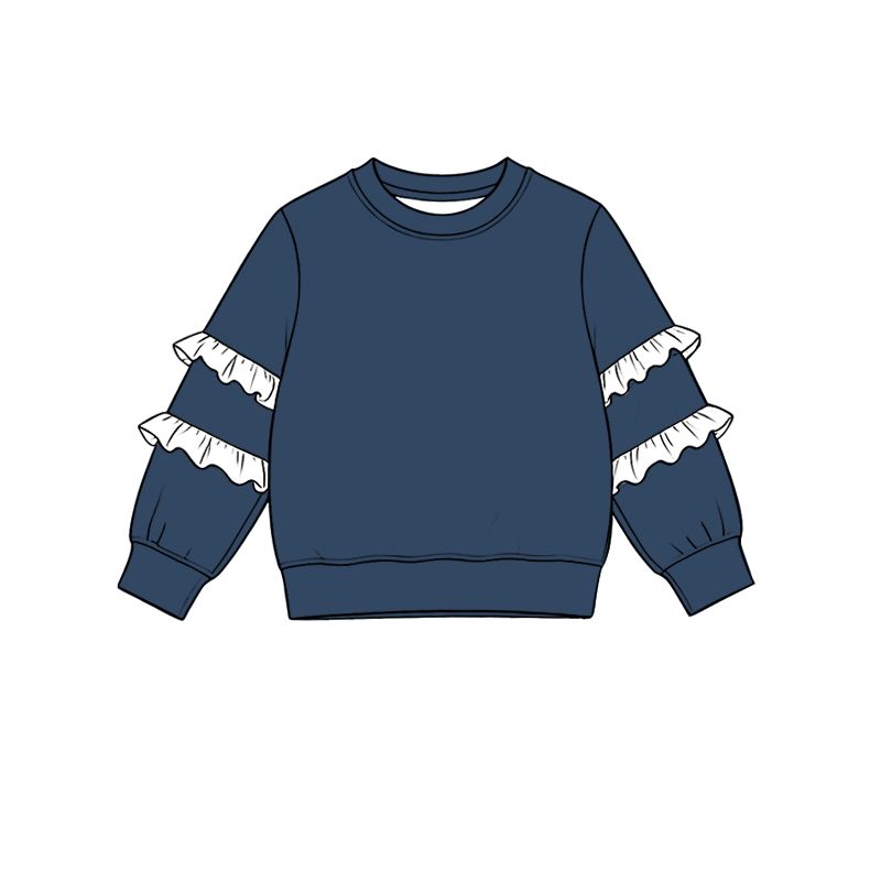 ( Moq 5 ) Preorder Baby Girls Toddler Ruffle Long Sleeves Dark Blue Shirt Tops Clothes