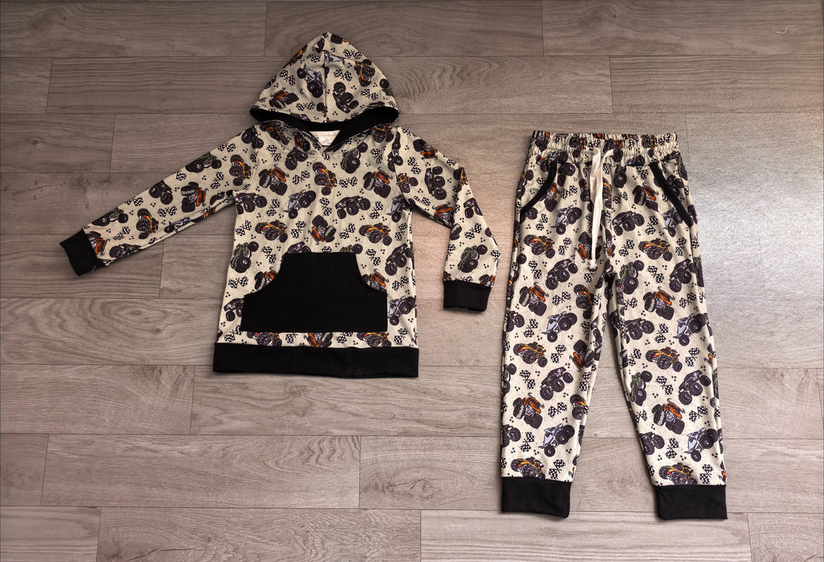 ( No moq ) Preorder Baby Boys Kids Long Sleeves Trucks Hoodie Shirt Pockets Pants Set Clothes