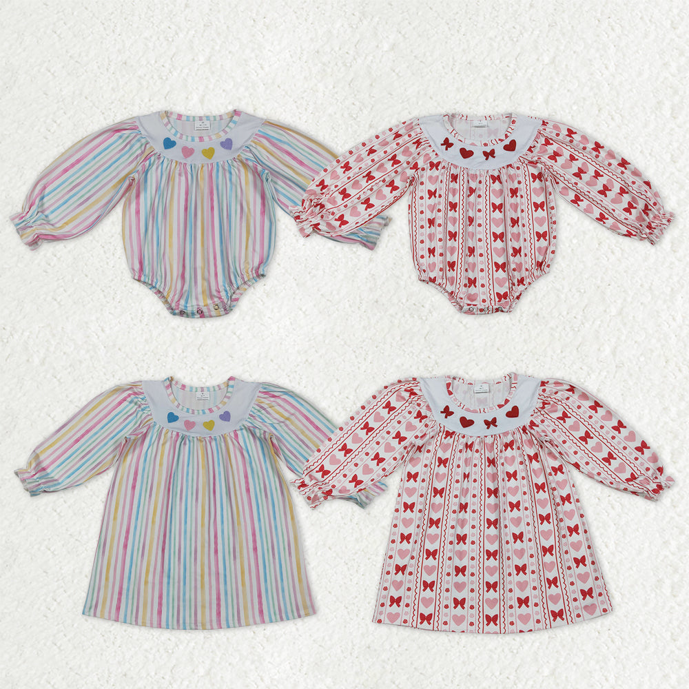 Sibling Baby Girls Long Sleeves Embroidery Hearts Bows Valentines Knee Length Dresses Rompers RTS