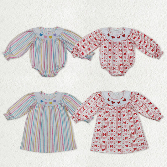 Sibling Baby Girls Long Sleeves Embroidery Hearts Bows Valentines Knee Length Dresses Rompers RTS