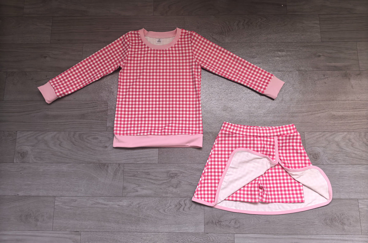 ( No moq ) Preorder Baby Girls Kids Long Sleeves Pink Plaid Shirt Skirt Shorts Set Yoga Active Clothes