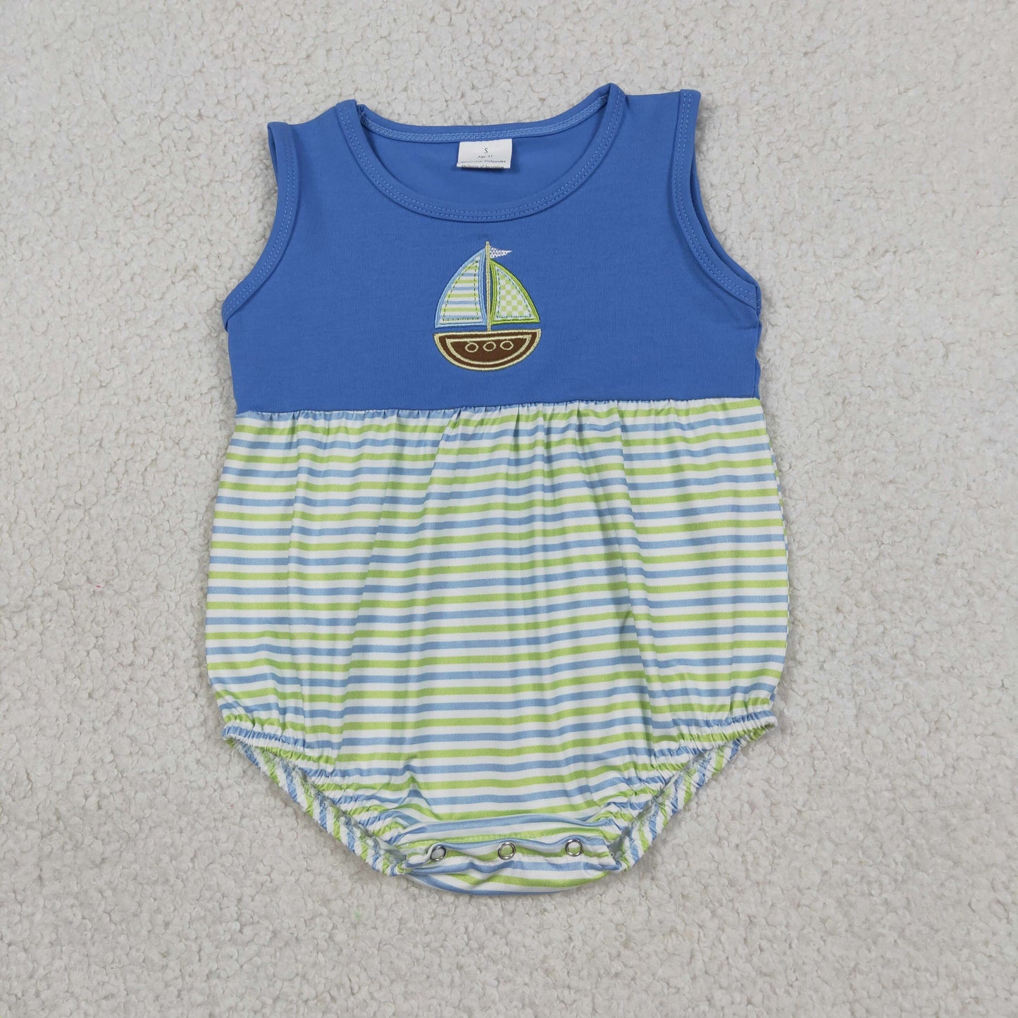 Baby Boys Infant Sleeveless Embroidery Boat Stripes Bubble Romper RTS