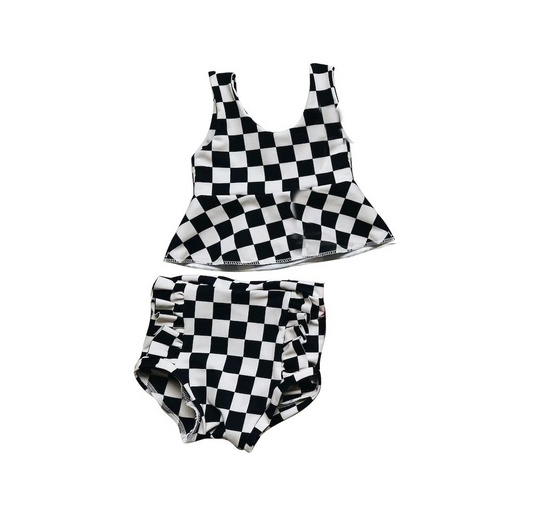 Moq 3 Pre-order GBO0323 Baby Girl Sleeveless Black White Checkered Tops Bummies Shorts Summer Set