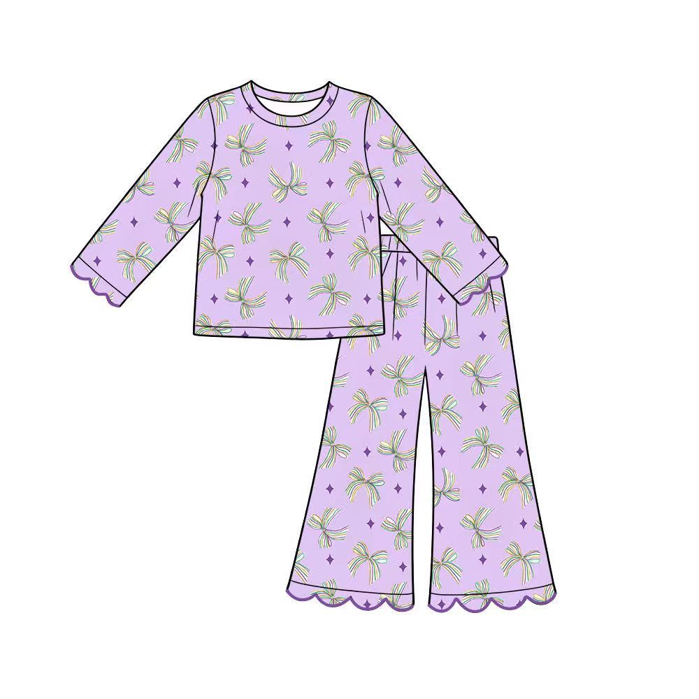 ( Moq 5 ) Preorder Baby Girls Kids Bows Shirt Scalloped Pants Mardi Gras Set Purple Clothes