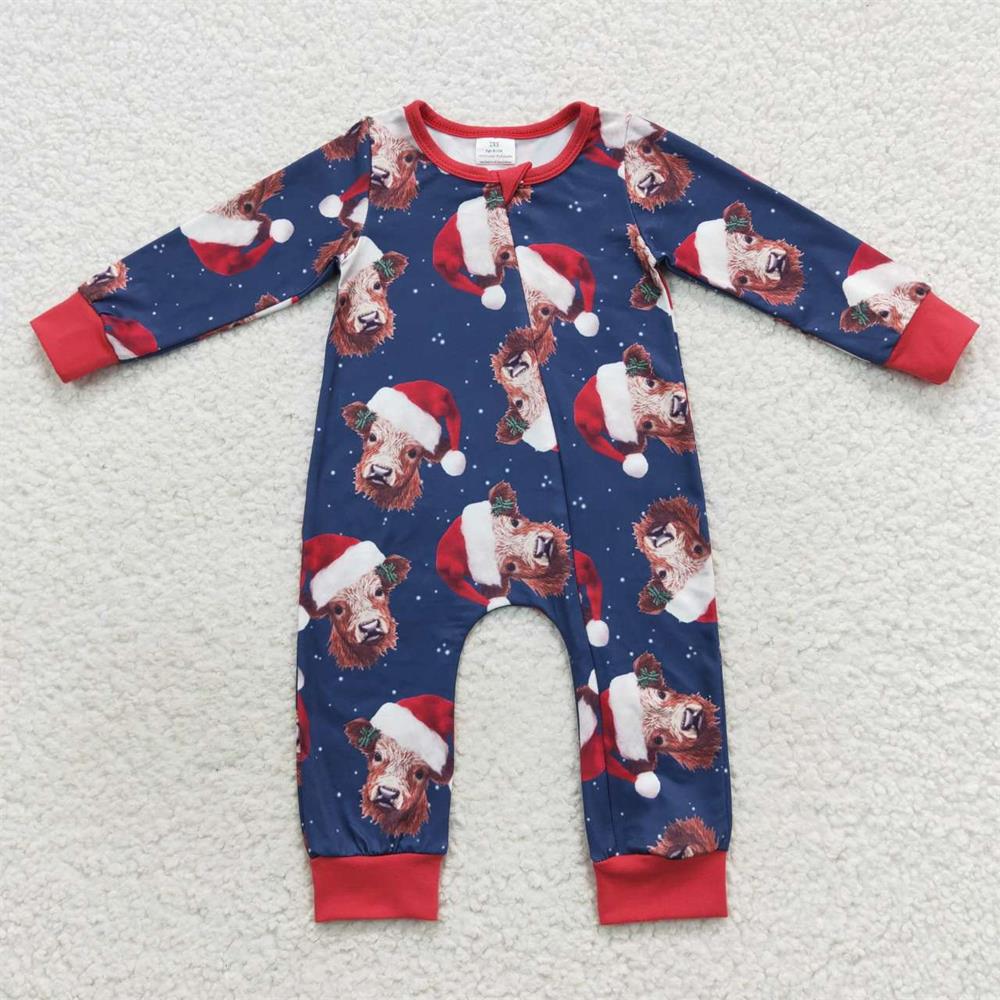 LR0597 Baby Kids Christmas Long Sleeves Western Cow Zipper One Piece Romper