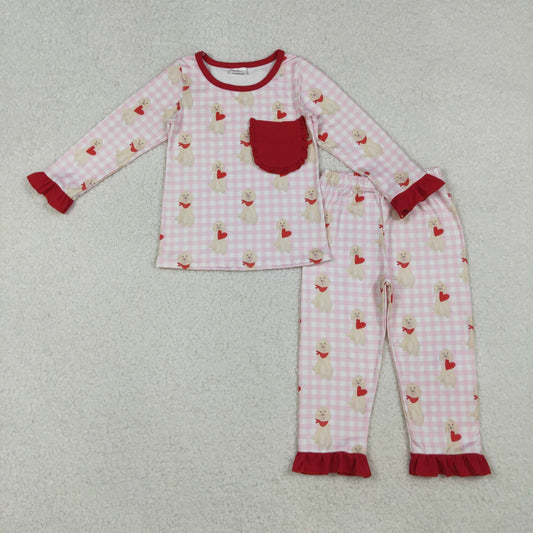 Baby Kids Girls Long Sleeves Dogs Hearts Plaid Shirt Pants Valentine's Day Pajamas Set RTS