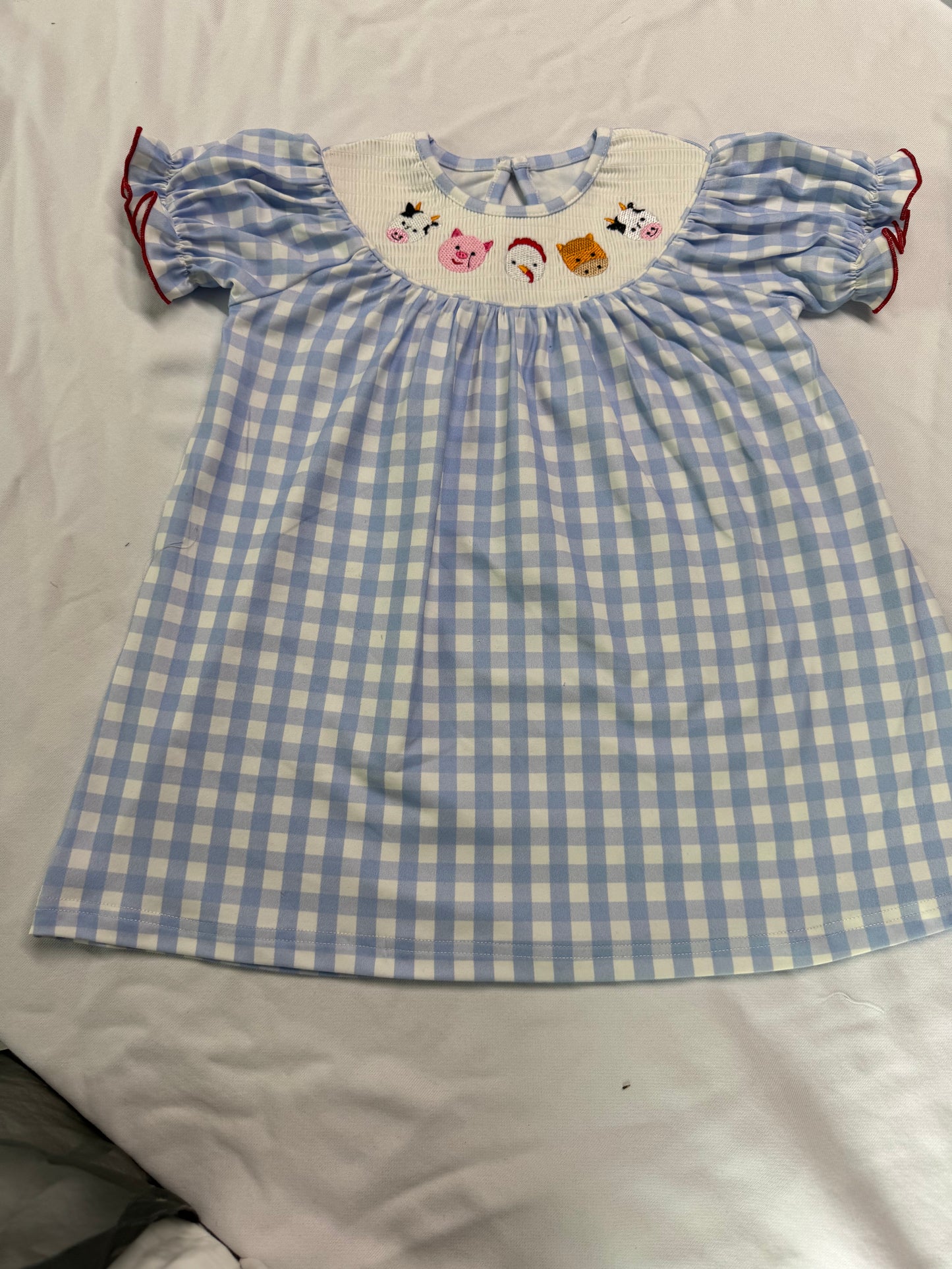 Baby Girl Short Sleeves Embroidery Farm Animals Blue Plaid Smocked Dress RTS