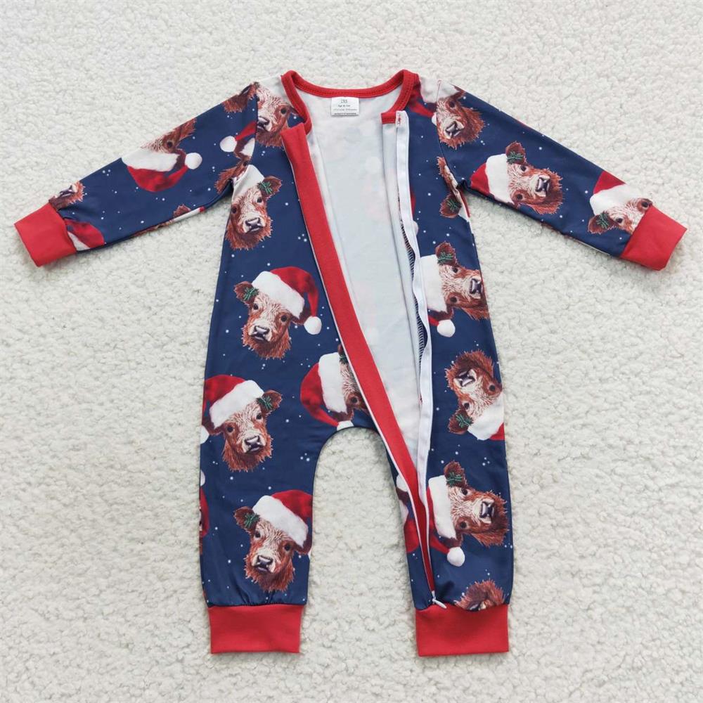 LR0597 Baby Kids Christmas Long Sleeves Western Cow Zipper One Piece Romper