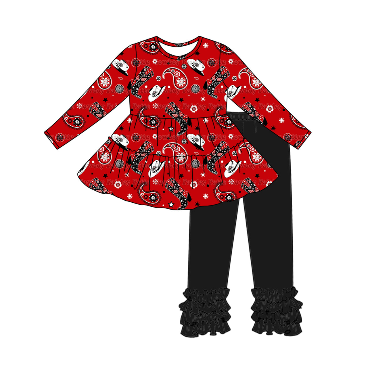 Baby Girl Western Boots Tunic Black Ruffle Pants Set