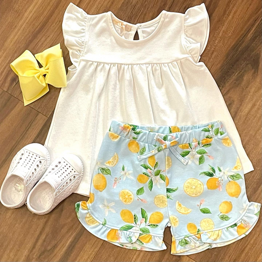 Moq 3 Pre-order GSSO0870 Baby Girls Sleeveless White Tunic Lemon Shorts Set