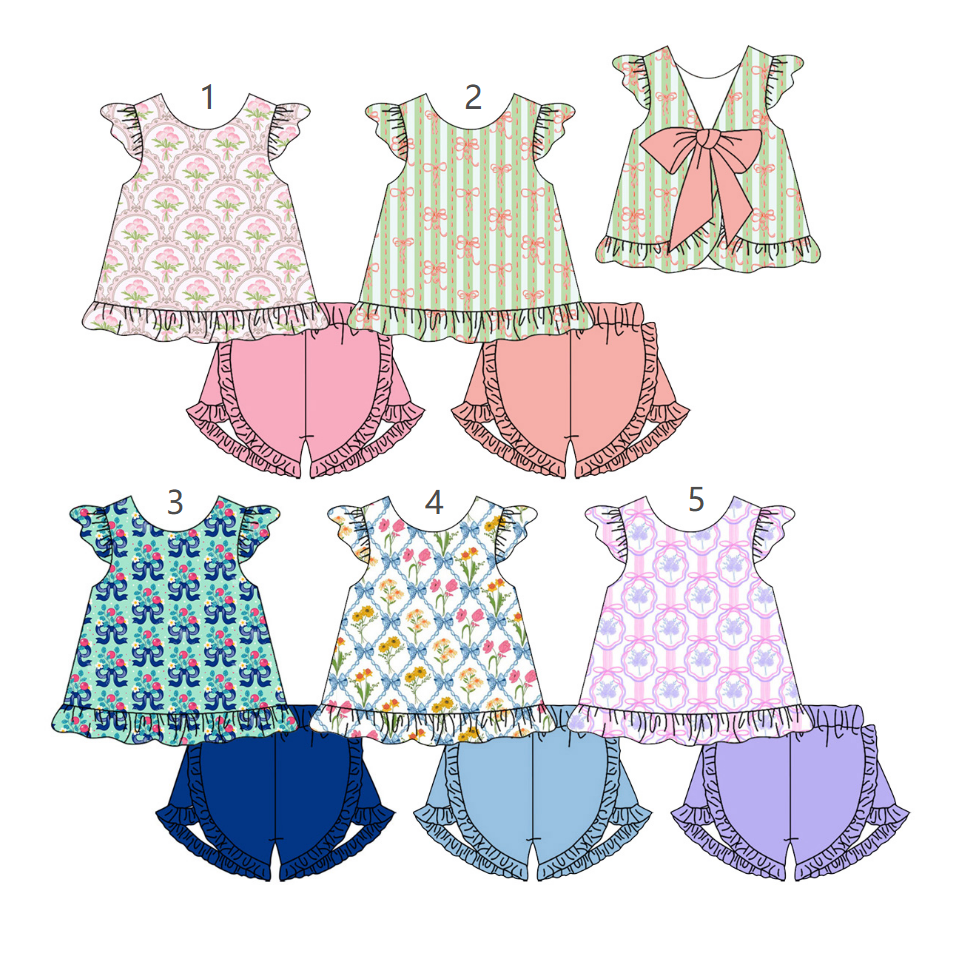 ( Moq 5 Each Style ) Sibling Baby Girls Kids Flower Bows Tops Ruffle Shorts Sets Summer Clothes