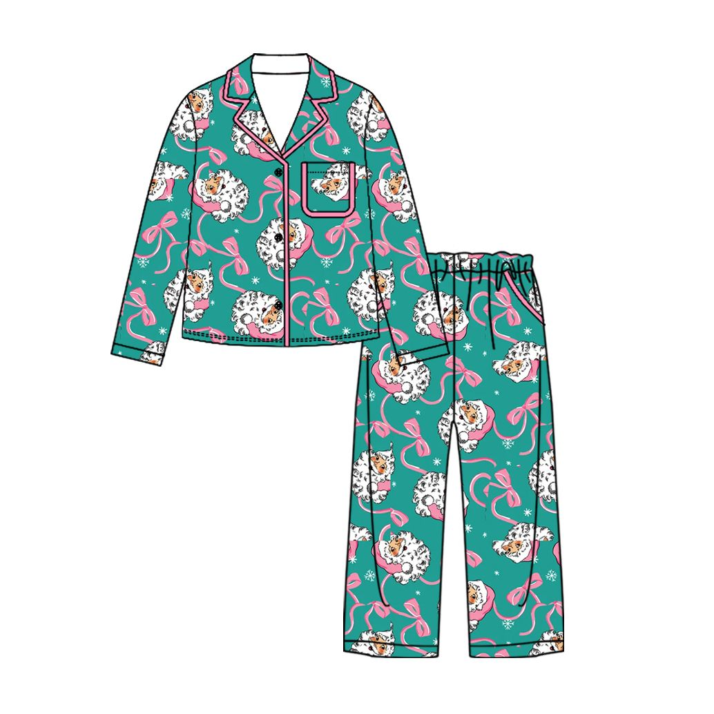 ( Moq 5 ) Preorder Baby Girls Kids Christmas Santa Bows Buttons Shirt Pockets Pants Set Pajamas Clothes