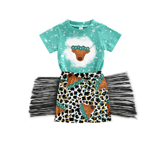 Baby Girl Short Sleeves Cow Turquoise Shirt Leopard Tassel Skirt Western Set Moq 5