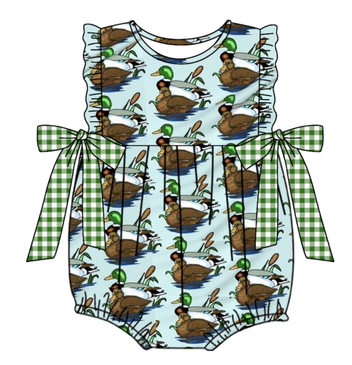 Baby Boy Girl Duck Plaid Bows Sibling Matching Green Dress Romper Clothes Set ( Moq 5 Each style )