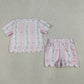 Baby Girls Kids Short Sleeves Floral Bows Pink Shirt Scallop Shorts Summer Set RTS