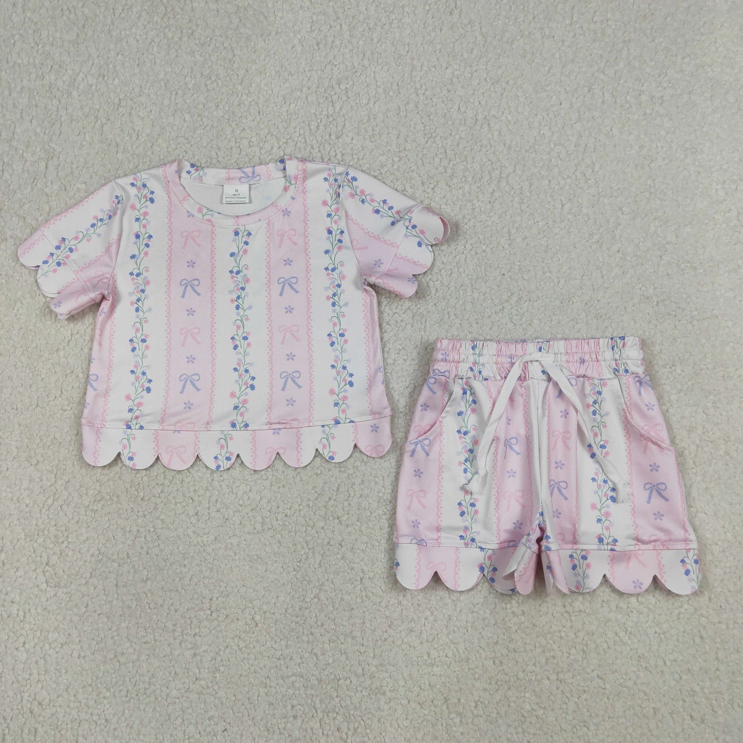 Baby Girls Kids Short Sleeves Floral Bows Pink Shirt Scallop Shorts Summer Set RTS