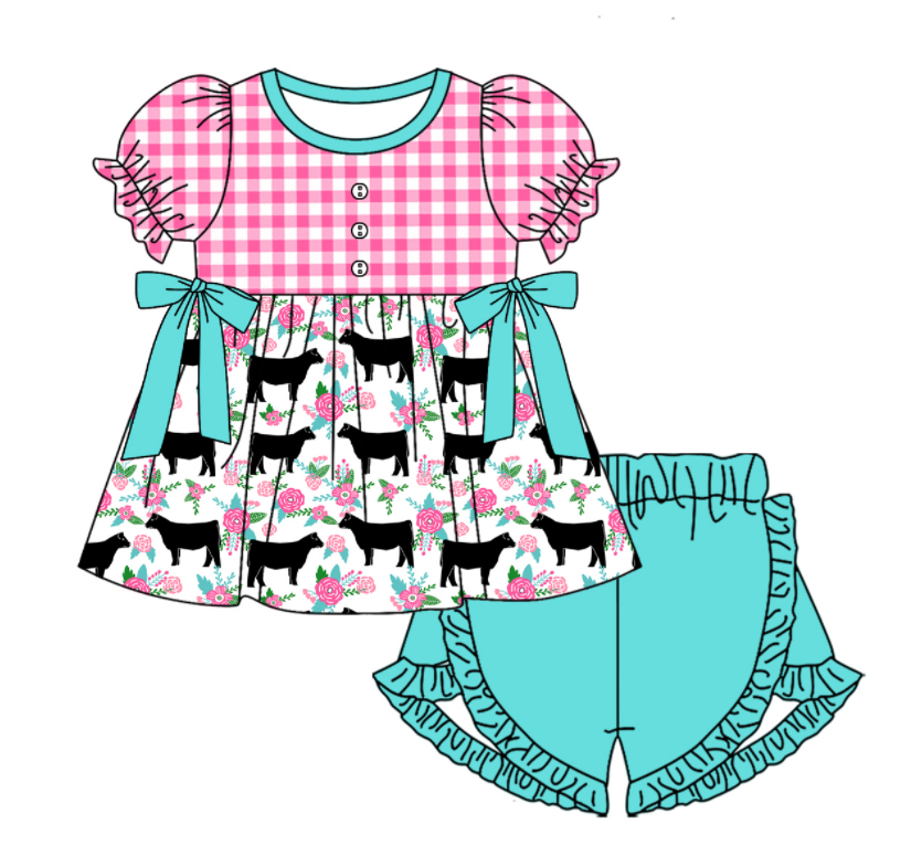 Baby Girl Short Sleeves Flower Cow Plaid Sibling Romper Dress Clothes Set ( Moq 5 Each Design )11.19