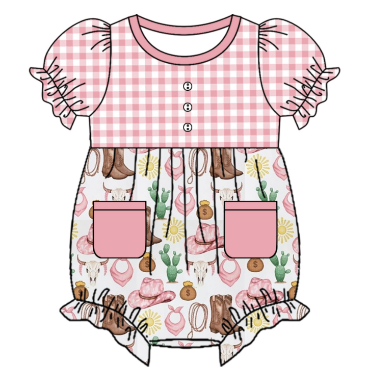 Baby Girl Short Sleeves Western Boots Cactus Sibling Romper Dress Clothes Set ( Moq 5 Each Design )11.26